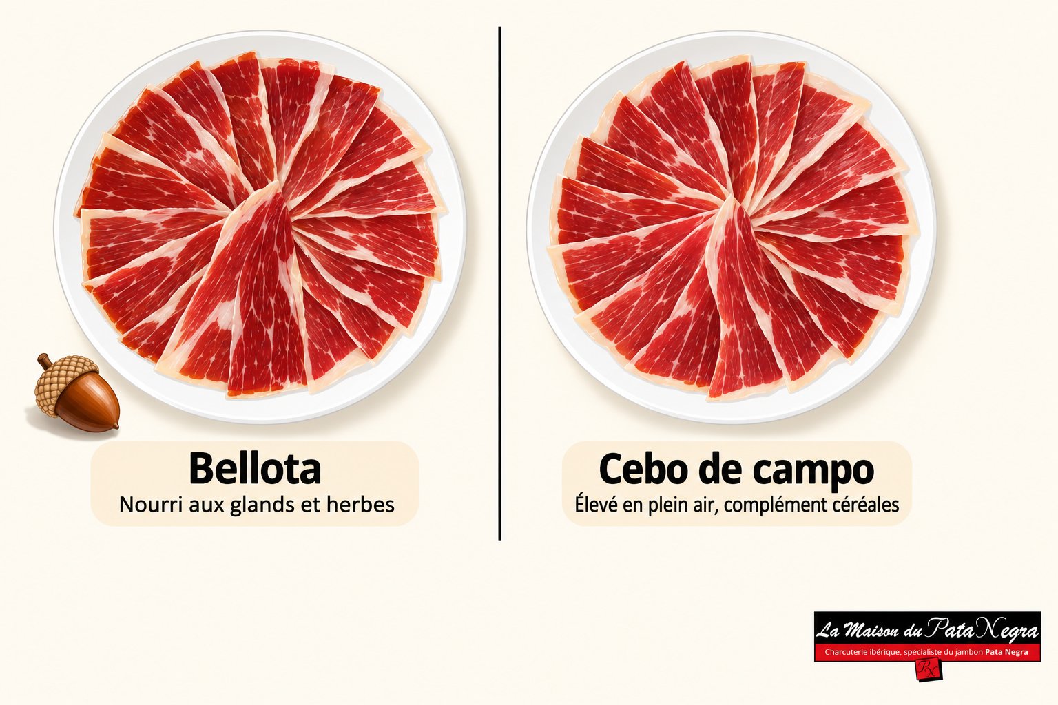 Assiette de jambon ibérique en tranches finement disposées côte à côte sur plateaux, séparées par une ligne, avec des