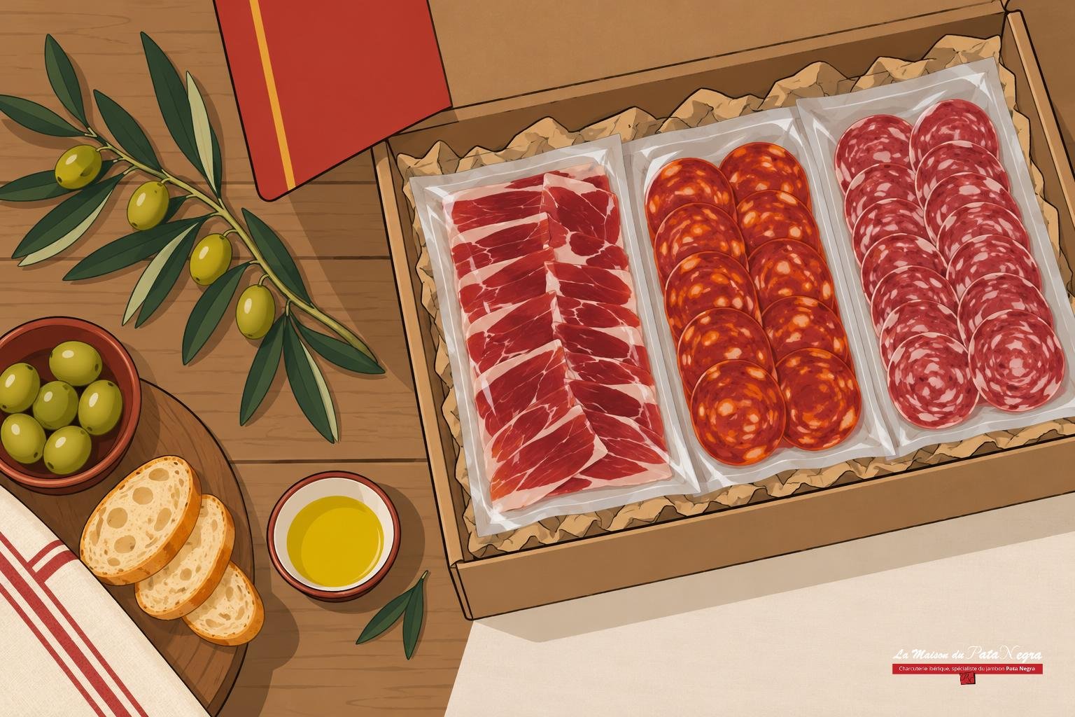 Assortiment de charcuteries ibériques en tranches dans une boîte, accompagnées de pain et d’olives sur une table.