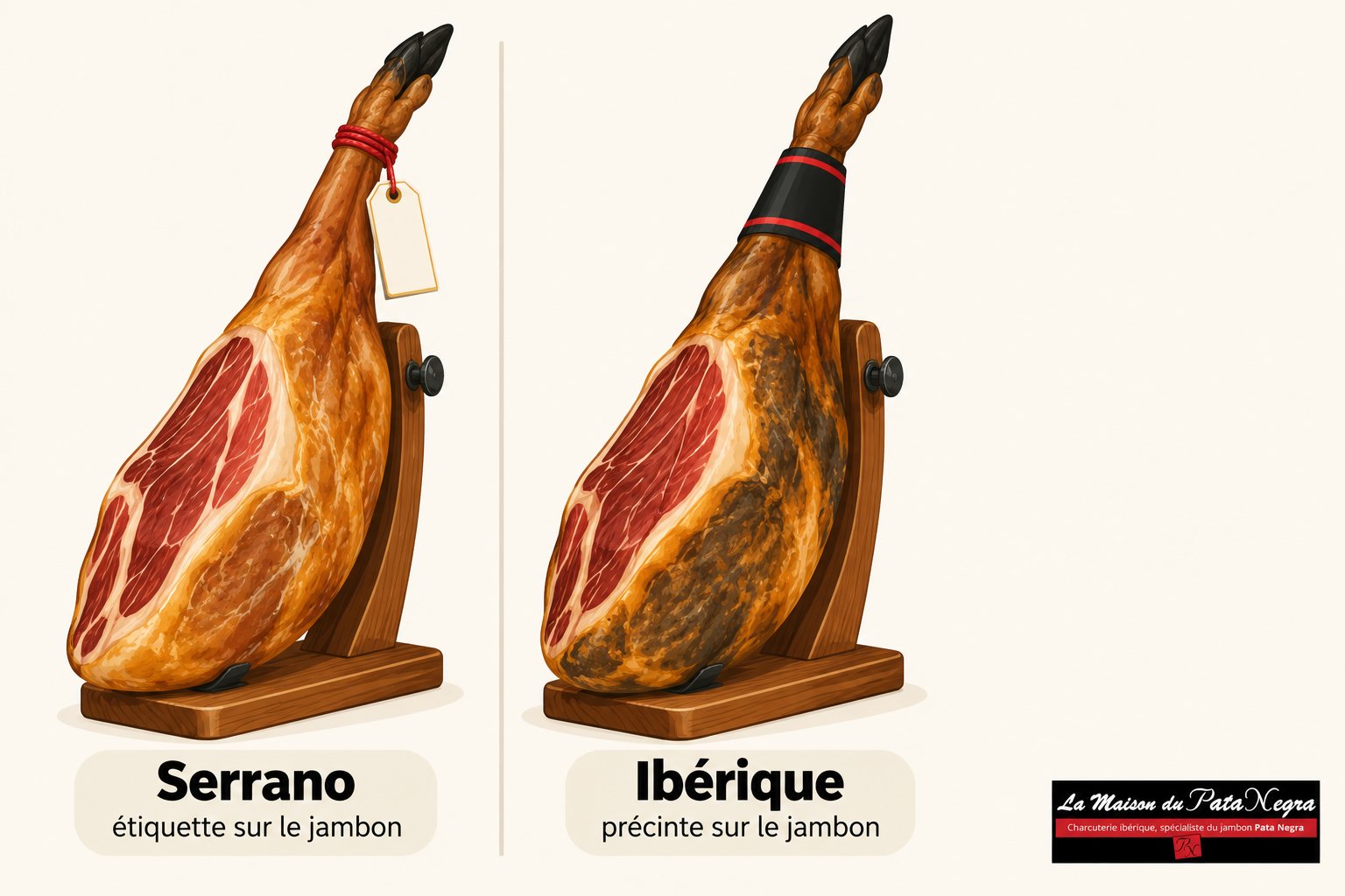 Deux jambons serrano et ibérique sur support, montrés côte à côte avec étiquette et bandage distinctifs.