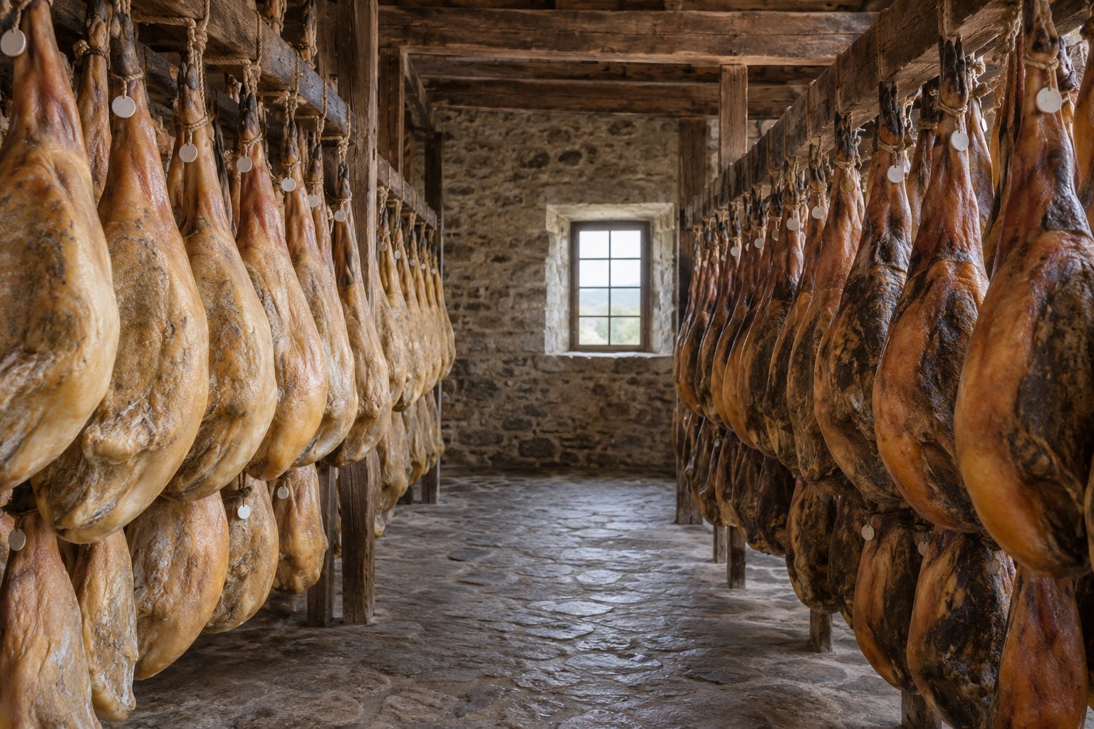 Filets de jambon ibérique suspendus le long de deux rangées dans une cave en pierre.