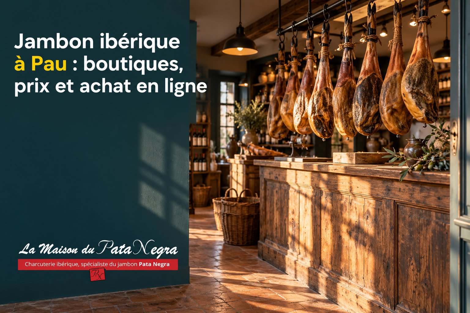 Hanging hams dans une charcuterie rustique près d’un comptoir en bois.