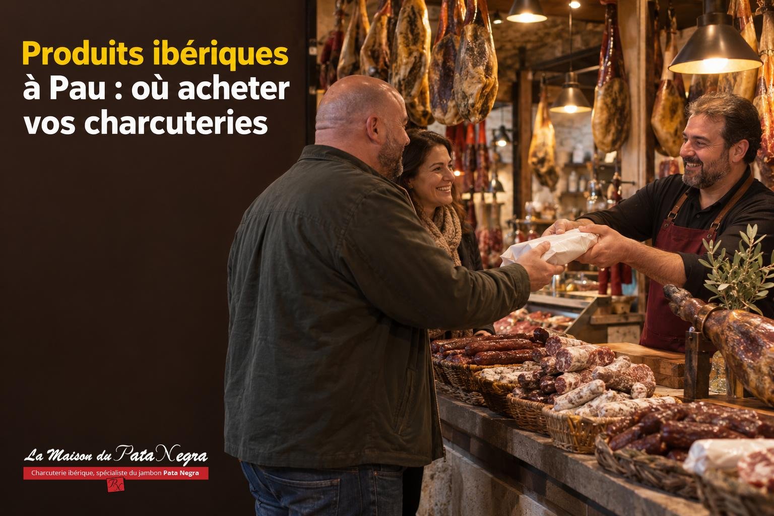 Un homme achète de la charcuterie ibérique auprès d’un vendeur derrière un comptoir de viandes dans une épicerie.