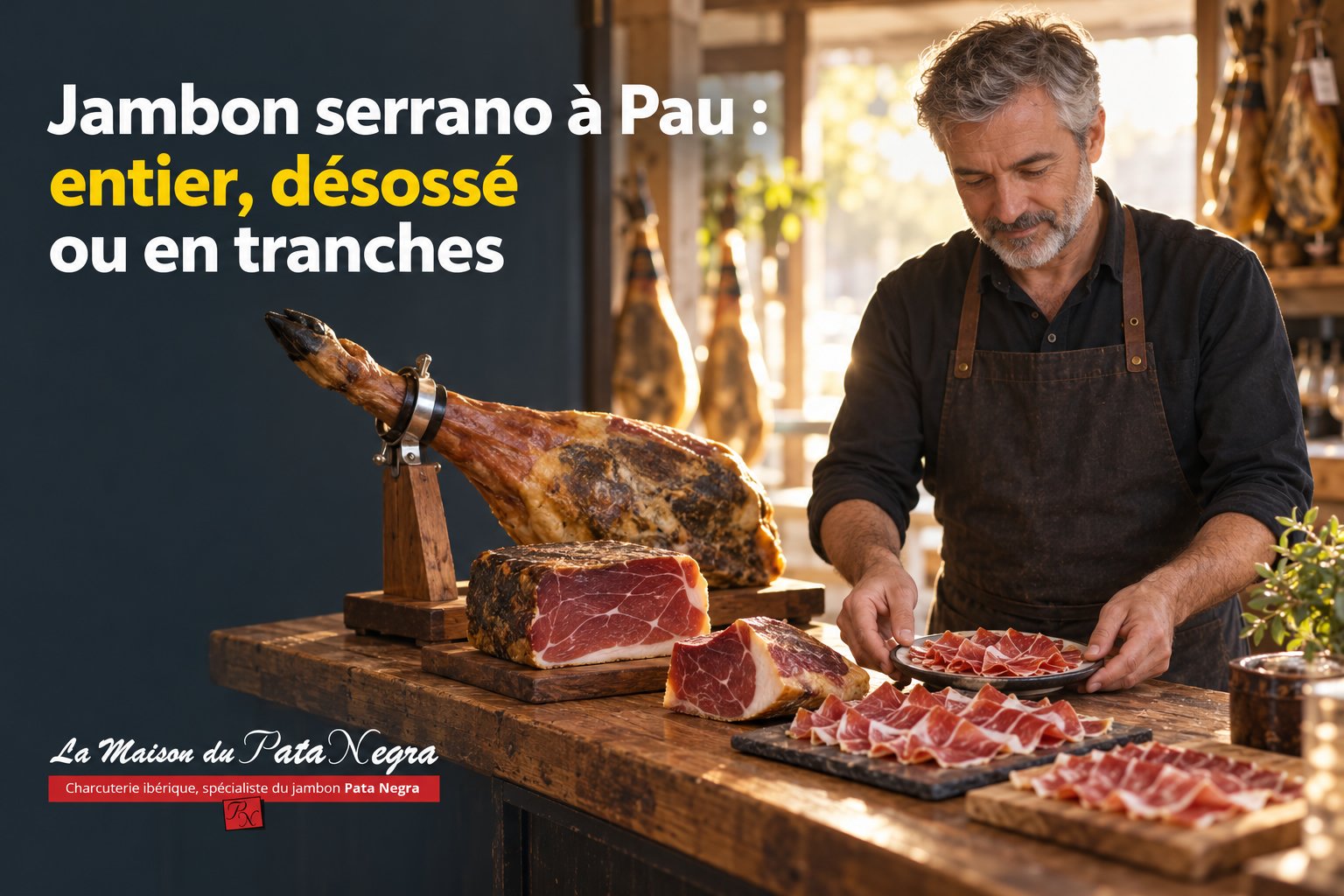 Homme barbu en tablier découpe et présente des tranches de jambon serrano sur une planche en bois.