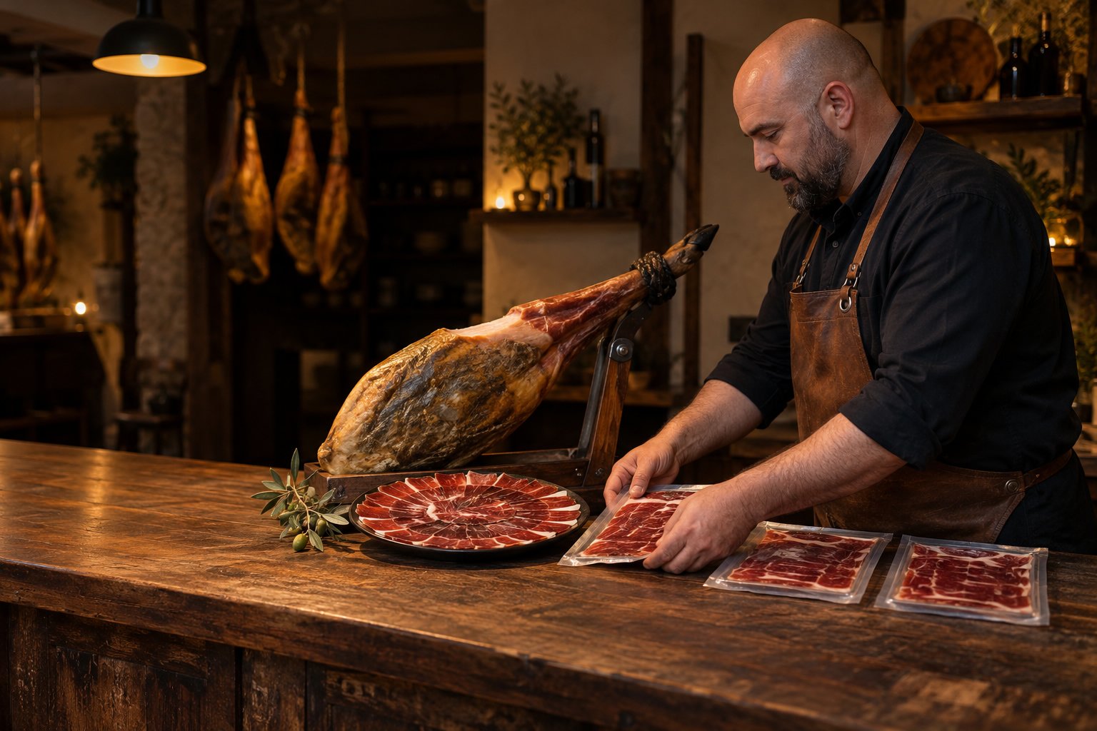 Un homme cordonne des tranches de jambon et de charcuterie ibérique sur un comptoir en bois.