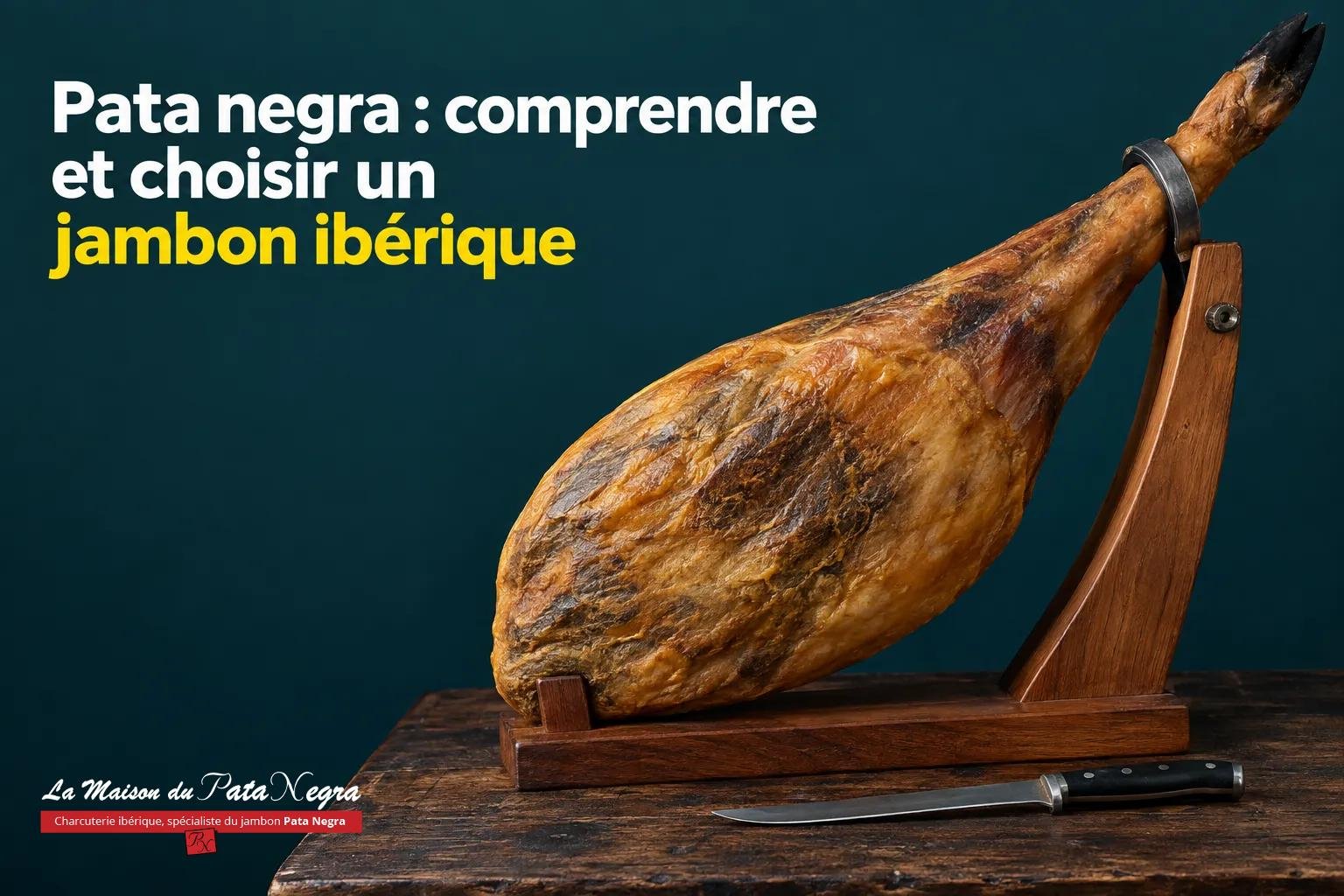 Jambon ibérique posé sur un support en bois avec un couteau posé à côté.