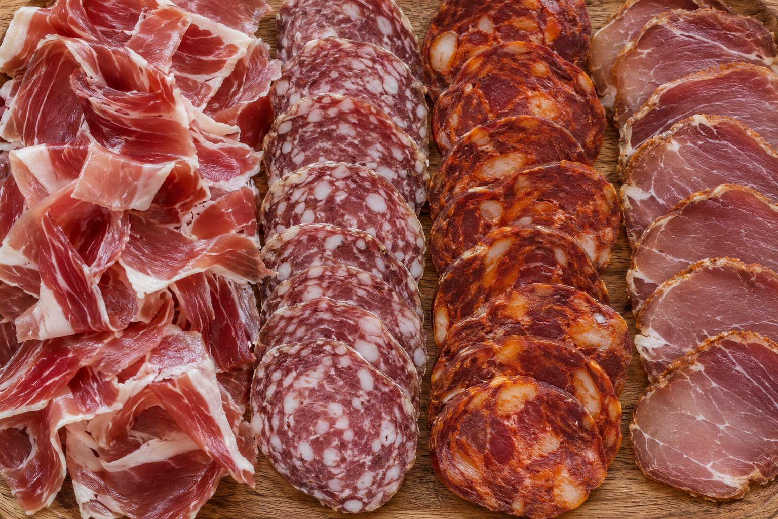 Jambon ibérique, saucisson, chorizo et lomo bellota tranchés en rangées sur planche en bois