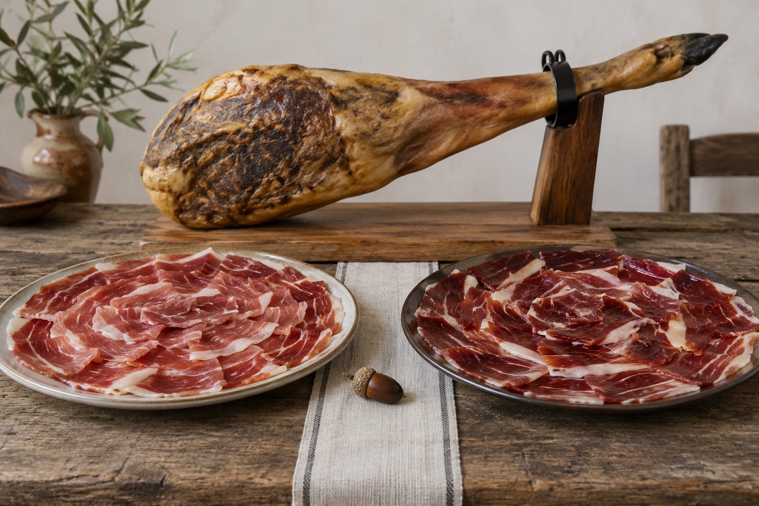 Jambon ibérique en tranche disposé sur deux assiettes près d’une cuisse entière sur un support en bois.