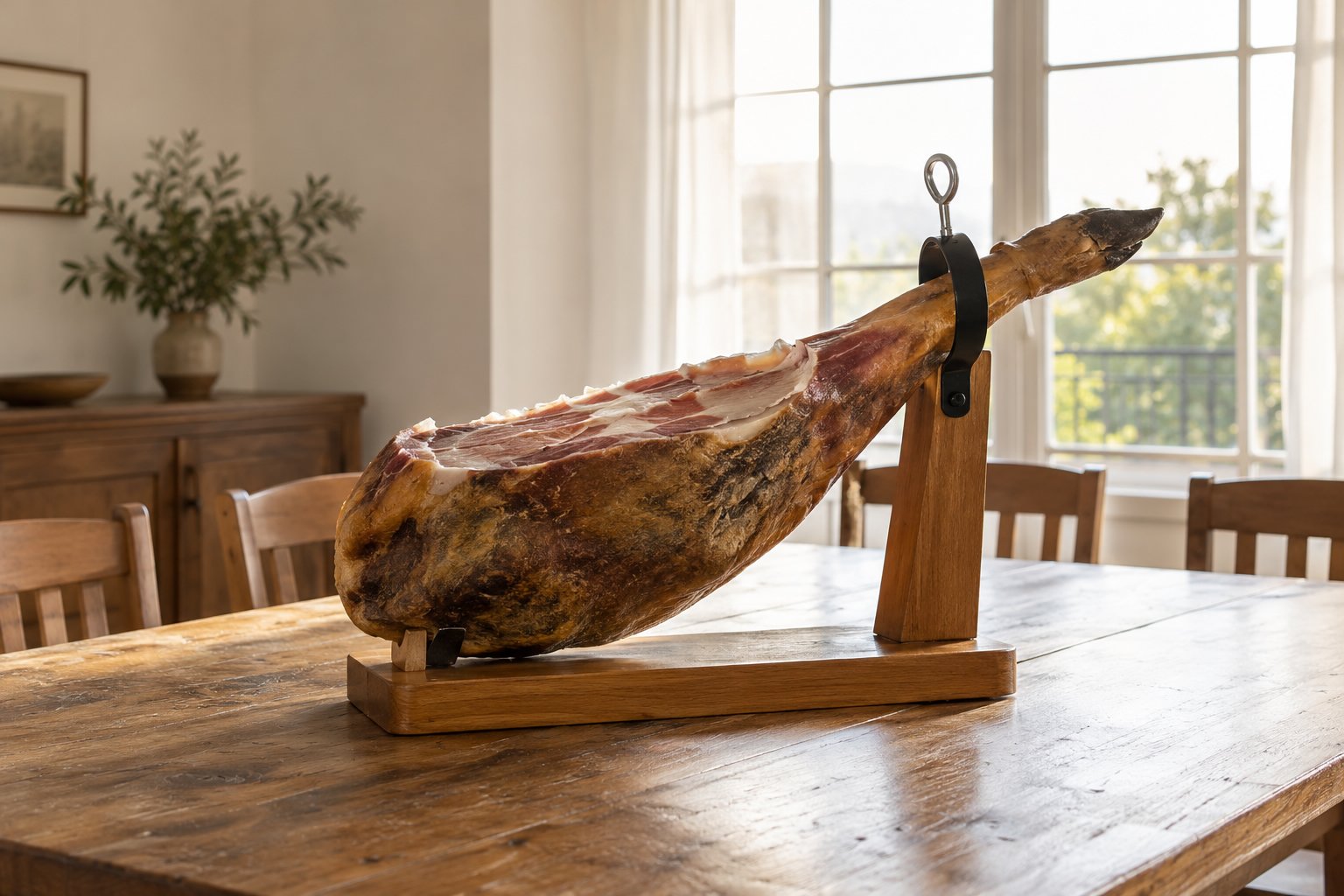 Jambon serrano posé en pièce entière sur un support en bois sur une table.