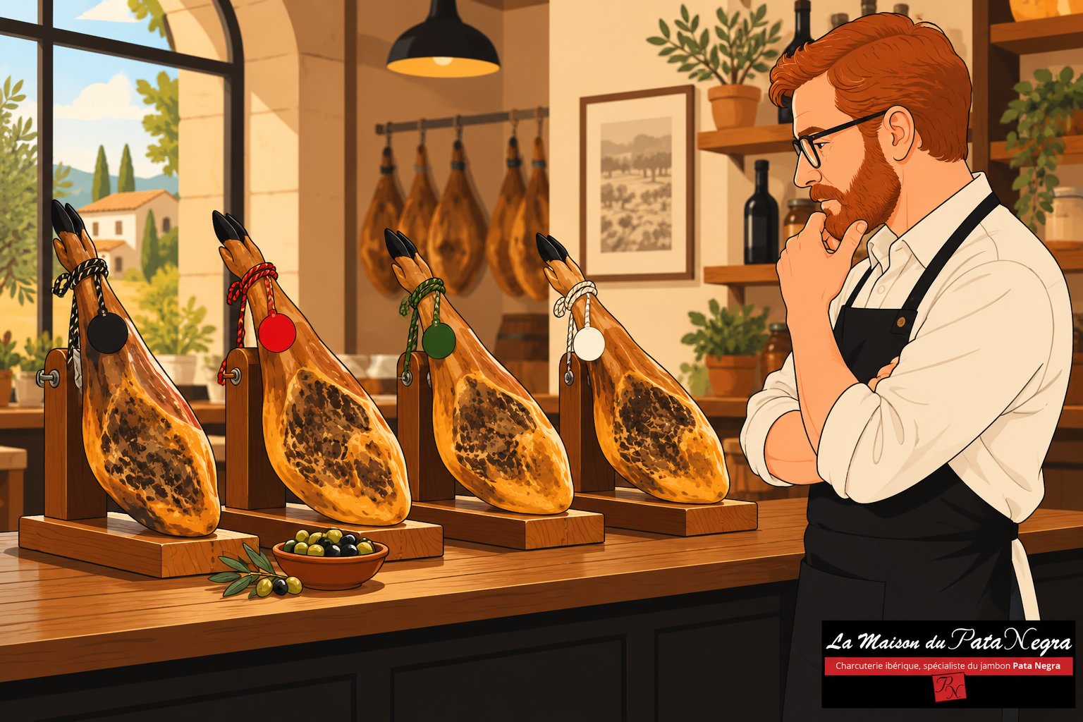 Quatre jambons ibériques suspendus sur des présentoirs en bois dans une boutique, avec un sommelier en tablier noir observant