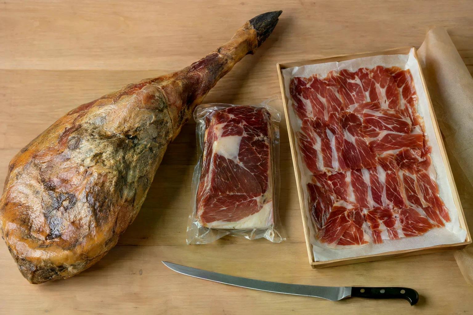 Tranche de jambon ibérique en fines portions et cuisse entière posées sur une table avec couteau entre elles.