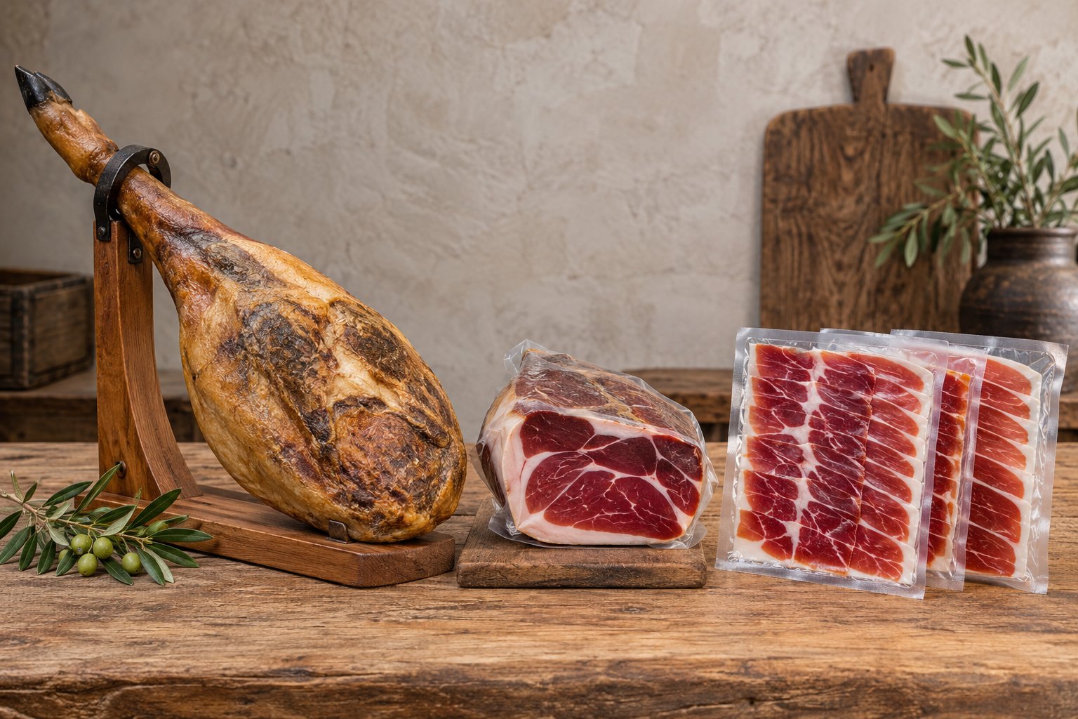 Tranches et jamon ibérique en charcuterie sur planche en bois.
